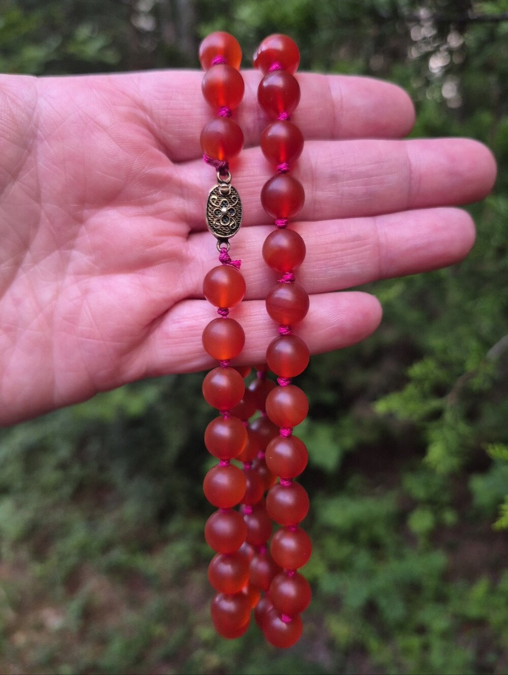 Carnelian Beaded Hand-knotted 25.5" Strand Sterling Silver Box Clasp Necklace